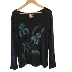 VTG Carole Little Black Floral Santana Knit Top Sz 12 Long Sleeve Fairy Goth